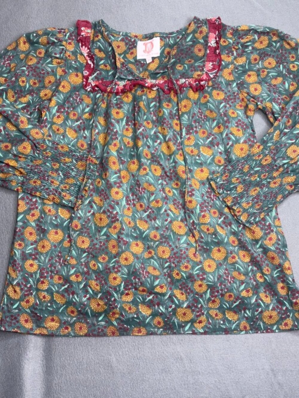 Victoria Dunn Ruffle Peasant Blouse 100% Cotton Colorful Timeless size XS